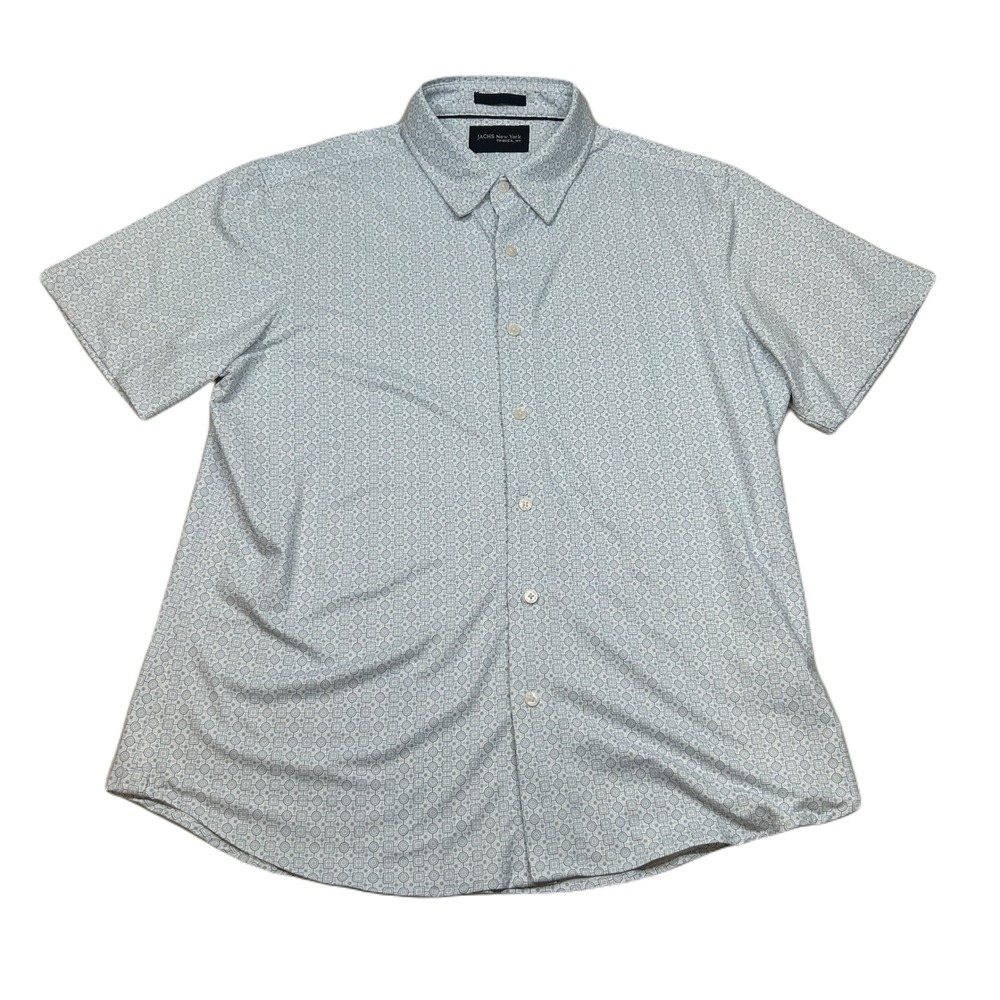 JACHS New York Shirt Mens Blue Grey Large Geometric Print Short Sleeve Button Up
